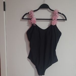 Black Swimsuit with Pink Floral Straps